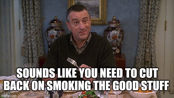 Meet the parents | SOUNDS LIKE YOU NEED TO CUT BACK ON SMOKING THE GOOD STUFF | image tagged in meet the parents | made w/ Imgflip meme maker