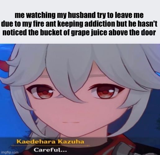 careful... | me watching my husband try to leave me due to my fire ant keeping addiction but he hasn't noticed the bucket of grape juice above the door | image tagged in genshin impact | made w/ Imgflip meme maker