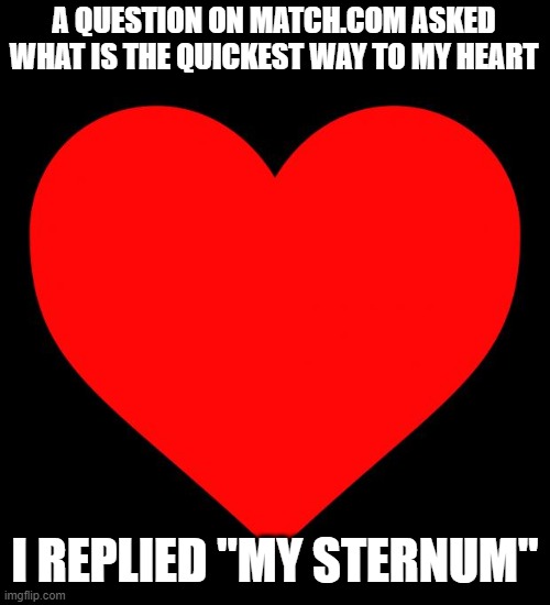 Match Me | A QUESTION ON MATCH.COM ASKED WHAT IS THE QUICKEST WAY TO MY HEART; I REPLIED "MY STERNUM" | image tagged in heart,match | made w/ Imgflip meme maker