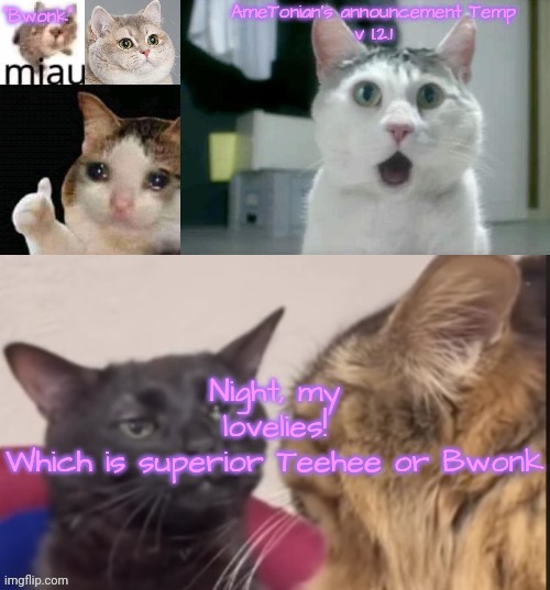AmeTonian's announcement Temp v 1.2.1 | Night, my lovelies!
Which is superior Teehee or Bwonk | image tagged in ametonian's announcement temp v 1 2 1 | made w/ Imgflip meme maker