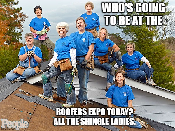 meme by Brad all the shingle ladies | WHO'S GOING TO BE AT THE; ROOFERS EXPO TODAY? ALL THE SHINGLE LADIES. | image tagged in humor,funny meme,women,work | made w/ Imgflip meme maker