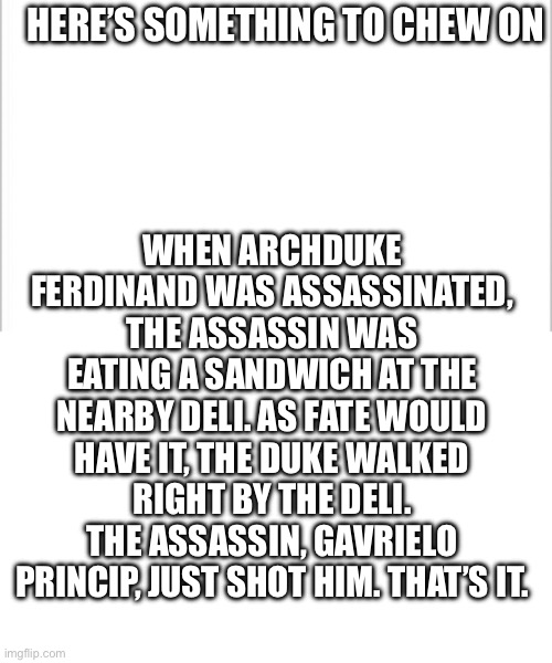 Kinda weird but idk | WHEN ARCHDUKE FERDINAND WAS ASSASSINATED, THE ASSASSIN WAS EATING A SANDWICH AT THE NEARBY DELI. AS FATE WOULD HAVE IT, THE DUKE WALKED RIGHT BY THE DELI. THE ASSASSIN, GAVRIELO PRINCIP, JUST SHOT HIM. THAT’S IT. HERE’S SOMETHING TO CHEW ON | image tagged in white background,history,assassination | made w/ Imgflip meme maker
