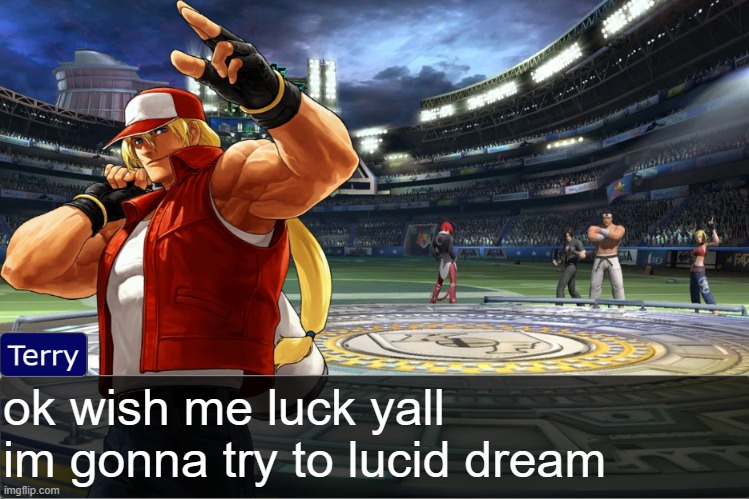 Terry Bogard objection temp | ok wish me luck yall im gonna try to lucid dream | image tagged in terry bogard objection temp | made w/ Imgflip meme maker