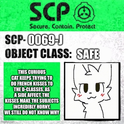 SCP Label Template: Safe | 0069-J; SAFE; THIS CURIOUS CAT KEEPS TRYING TO DO FRENCH KISSES TO THE D-CLASSES, AS A SIDE AFFECT, THE KISSES MAKE THE SUBJECTS INCREDIBLY HORNY, WE STILL DO NOT KNOW WHY | image tagged in scp label template safe,boykisser | made w/ Imgflip meme maker