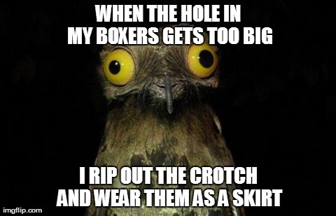 Weird Stuff I Do Potoo Meme | WHEN THE HOLE IN MY BOXERS GETS TOO BIG I RIP OUT THE CROTCH AND WEAR THEM AS A SKIRT | image tagged in memes,weird stuff i do potoo,AdviceAnimals | made w/ Imgflip meme maker