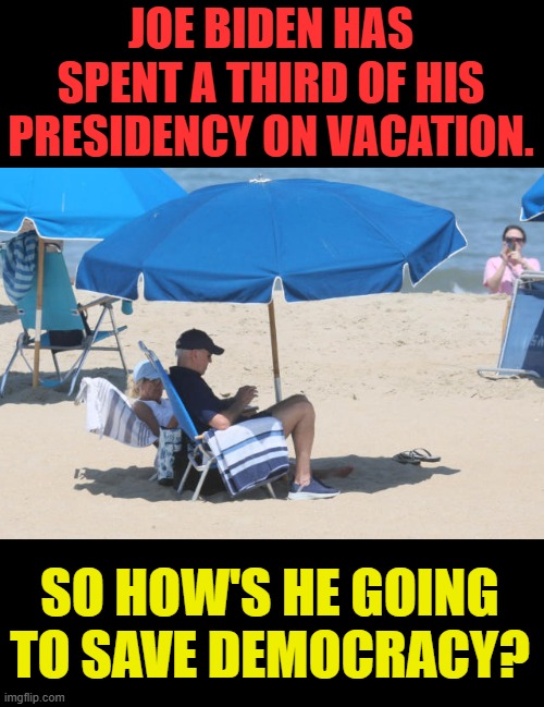 How's That Supposed To Work? | JOE BIDEN HAS SPENT A THIRD OF HIS PRESIDENCY ON VACATION. SO HOW'S HE GOING TO SAVE DEMOCRACY? | image tagged in memes,politics,joe biden,vacation,democracy,that's not how any of this works | made w/ Imgflip meme maker