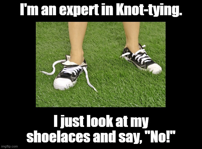 Not tying | I'm an expert in Knot-tying. I just look at my shoelaces and say, "No!" | image tagged in blank black,puns,knots | made w/ Imgflip meme maker