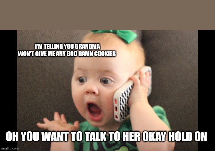 baby on phone | I'M TELLING YOU GRANDMA WON'T GIVE ME ANY GOD DAMN COOKIES OH YOU WANT TO TALK TO HER OKAY HOLD ON | image tagged in baby on phone | made w/ Imgflip meme maker