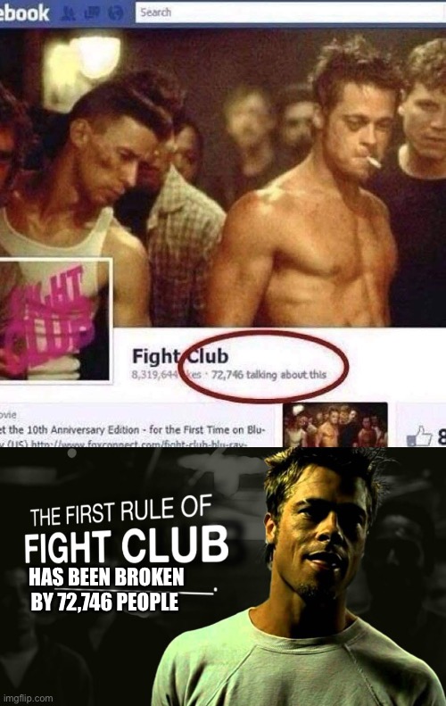 First rule | HAS BEEN BROKEN BY 72,746 PEOPLE | image tagged in first rule of fight club,rules,rule breaking | made w/ Imgflip meme maker