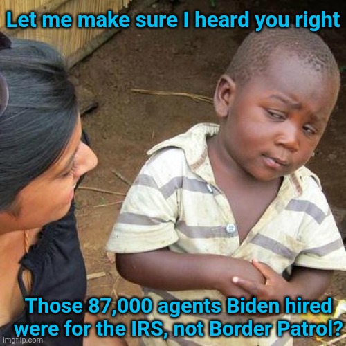 Misplaced priorities... Or not? | Let me make sure I heard you right; Those 87,000 agents Biden hired were for the IRS, not Border Patrol? | image tagged in memes,third world skeptical kid,irs,border | made w/ Imgflip meme maker