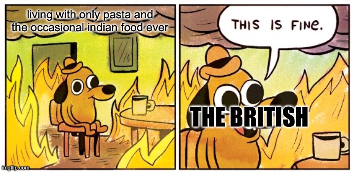 the best british food (meme made from china) | living with only pasta and the occasional indian food ever; THE BRITISH | image tagged in memes,this is fine | made w/ Imgflip meme maker