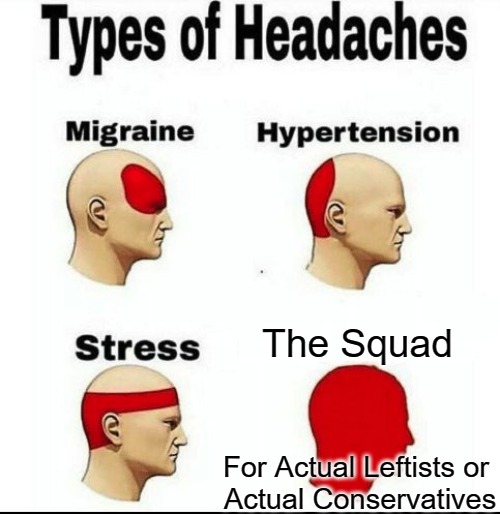 Squad's in Our Disfavor | The Squad; For Actual Leftists or 

Actual Conservatives | image tagged in types of headaches meme,american politics,fake left,squishy middle,virtueless signaling,frustrated voters | made w/ Imgflip meme maker