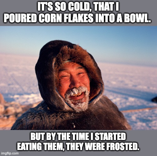 How cold is it? | IT'S SO COLD, THAT I POURED CORN FLAKES INTO A BOWL. BUT BY THE TIME I STARTED EATING THEM, THEY WERE FROSTED. | image tagged in eskimo | made w/ Imgflip meme maker