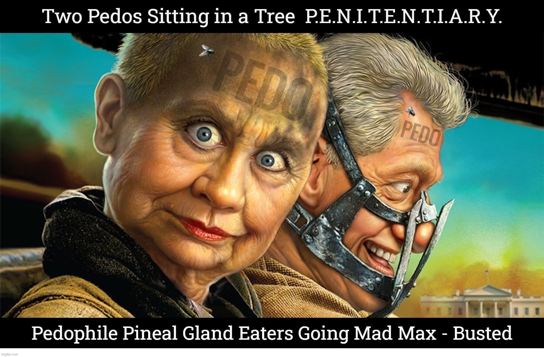 Two Pedos Sitting in a Tree... | image tagged in mad max,crooked hillary,bill clinton - sexual relations,old pervert,epstein documents,jeffrey epstein | made w/ Imgflip meme maker