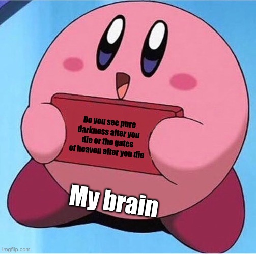 Train of thoughts | Do you see pure darkness after you die or the gates of heaven after you die; My brain | image tagged in kirby holding a sign,logic,death,shower thoughts,my brain | made w/ Imgflip meme maker