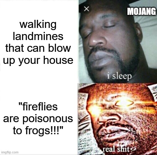 Sleeping Shaq Meme | walking landmines that can blow up your house; MOJANG; "fireflies are poisonous to frogs!!!" | image tagged in memes,sleeping shaq | made w/ Imgflip meme maker