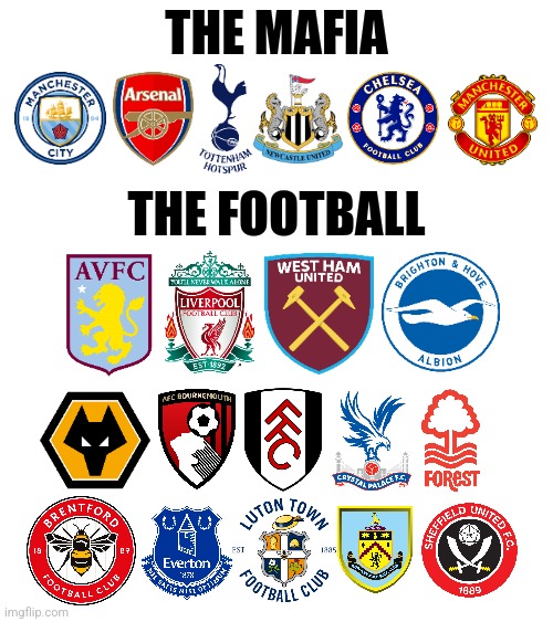 Mafia vs Football - Premier League (no hate, just based on the owners, fans and etc.) | THE MAFIA; THE FOOTBALL | image tagged in premier league,mafia,football,manchester city,liverpool,chelsea | made w/ Imgflip meme maker