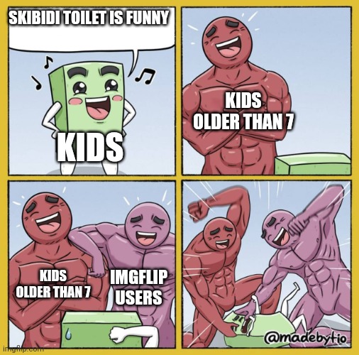 Guy getting beat up | SKIBIDI TOILET IS FUNNY KIDS KIDS OLDER THAN 7 KIDS OLDER THAN 7 IMGFLIP USERS | image tagged in guy getting beat up | made w/ Imgflip meme maker