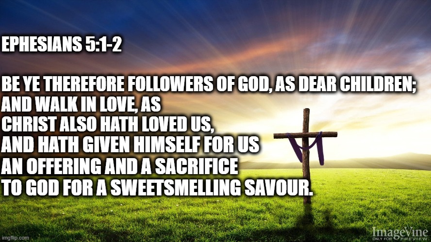 Bible Verse | EPHESIANS 5:1-2 
 
BE YE THEREFORE FOLLOWERS OF GOD, AS DEAR CHILDREN; AND WALK IN LOVE, AS CHRIST ALSO HATH LOVED US, AND HATH GIVEN HIMSELF FOR US
AN OFFERING AND A SACRIFICE TO GOD FOR A SWEETSMELLING SAVOUR. | image tagged in jesus | made w/ Imgflip meme maker