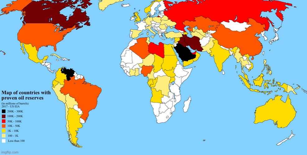 Map of Countries with Proven Oil Reserves | image tagged in map of countries with proven oil reserves | made w/ Imgflip meme maker