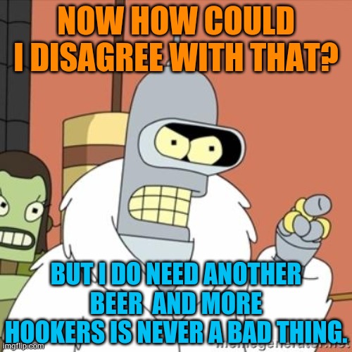 Bender | NOW HOW COULD I DISAGREE WITH THAT? BUT I DO NEED ANOTHER BEER  AND MORE HOOKERS IS NEVER A BAD THING. | image tagged in bender | made w/ Imgflip meme maker