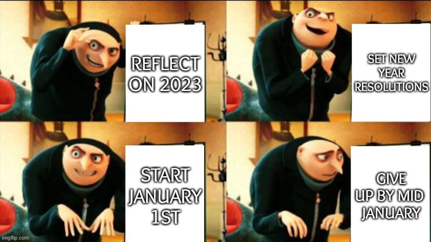 New Year Resolutions Gru | REFLECT ON 2023; SET NEW YEAR RESOLUTIONS; START JANUARY
1ST; GIVE UP BY MID 
JANUARY | image tagged in gru diabolical plan fail | made w/ Imgflip meme maker