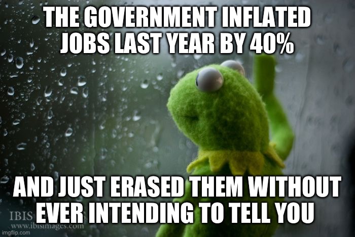 Lying mother chuckers. The deep state keeps on going. | THE GOVERNMENT INFLATED JOBS LAST YEAR BY 40%; AND JUST ERASED THEM WITHOUT EVER INTENDING TO TELL YOU | image tagged in kermit window,politics,stupid liberals,deep state,government corruption,outrage | made w/ Imgflip meme maker