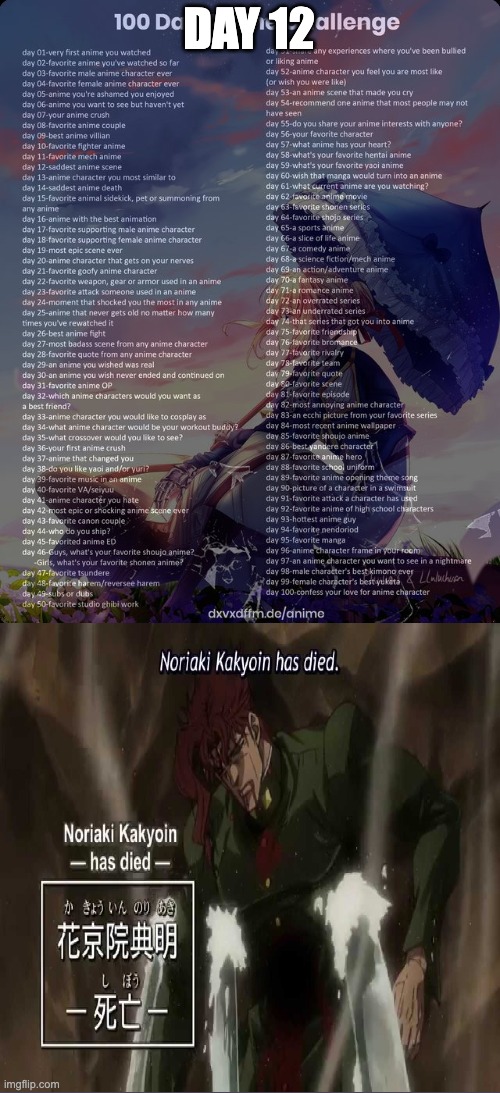 Day 12: Kakyoin's death (Fs in the chat) | DAY 12 | image tagged in 100 day anime challenge | made w/ Imgflip meme maker
