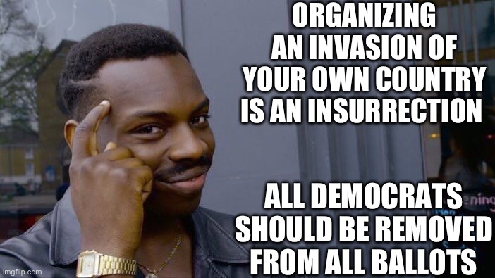 Close the border and remove all dems from the ballots. | ORGANIZING AN INVASION OF YOUR OWN COUNTRY IS AN INSURRECTION; ALL DEMOCRATS SHOULD BE REMOVED FROM ALL BALLOTS | image tagged in roll safe think about it,politics,illegal immigration,stupid liberals,invasion,liberal hypocrisy | made w/ Imgflip meme maker