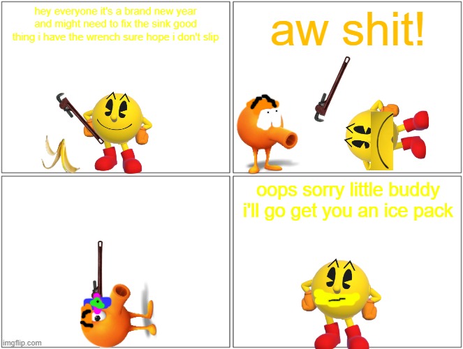 qbert gets hit in the eye with a wrench | hey everyone it's a brand new year and might need to fix the sink good thing i have the wrench sure hope i don't slip; aw shit! oops sorry little buddy i'll go get you an ice pack | image tagged in memes,blank comic panel 2x2,qbert,pac man,pain,2024 | made w/ Imgflip meme maker