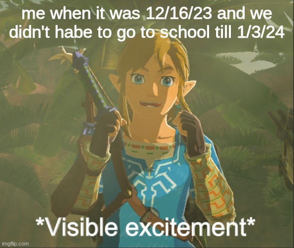 Visible excitement | me when it was 12/16/23 and we didn't habe to go to school till 1/3/24 | image tagged in visible excitement | made w/ Imgflip meme maker