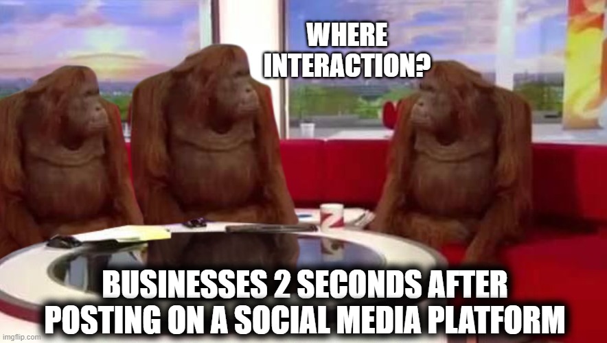 where monkey | WHERE INTERACTION? BUSINESSES 2 SECONDS AFTER POSTING ON A SOCIAL MEDIA PLATFORM | image tagged in where monkey | made w/ Imgflip meme maker