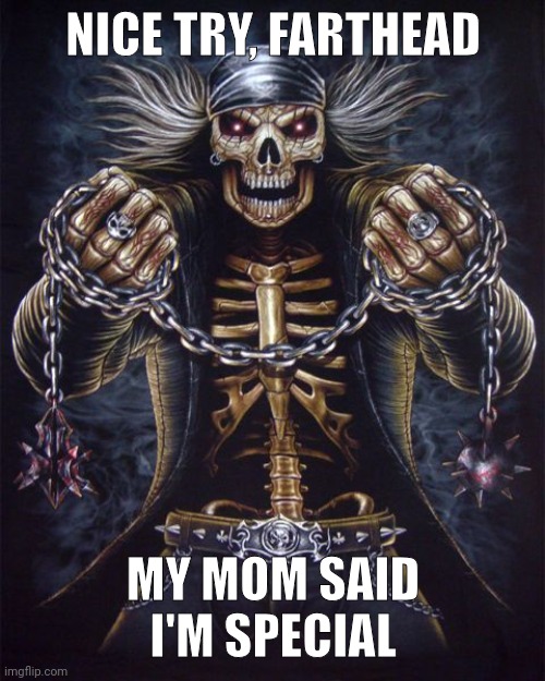 Badass Skeleton | NICE TRY, FARTHEAD MY MOM SAID I'M SPECIAL | image tagged in badass skeleton | made w/ Imgflip meme maker