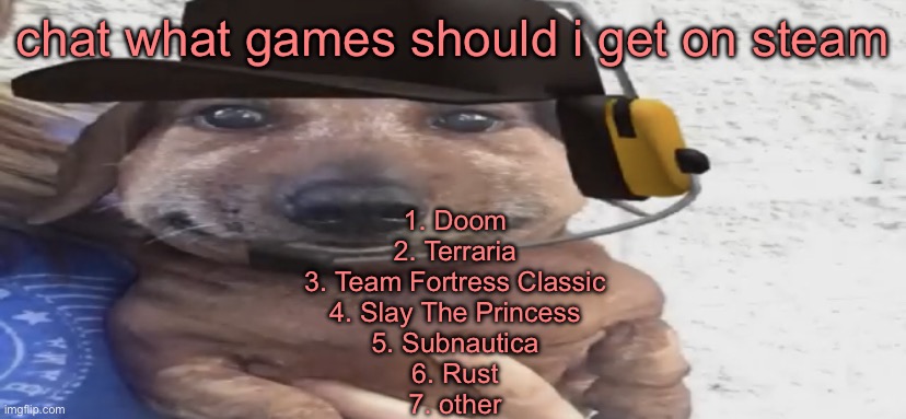 chucklenuts | chat what games should i get on steam; 1. Doom
2. Terraria
3. Team Fortress Classic
4. Slay The Princess
5. Subnautica
6. Rust
7. other | image tagged in chucklenuts | made w/ Imgflip meme maker