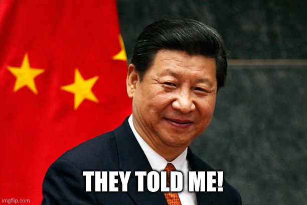 Xi Jinping | THEY TOLD ME! | image tagged in xi jinping | made w/ Imgflip meme maker