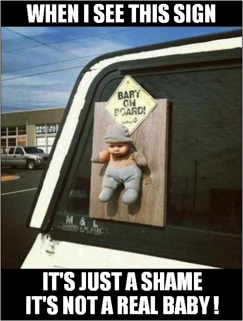 You've Got To Have A Dream ... | WHEN I SEE THIS SIGN; IT'S JUST A SHAME IT'S NOT A REAL BABY ! | image tagged in baby on board,dark humour | made w/ Imgflip meme maker