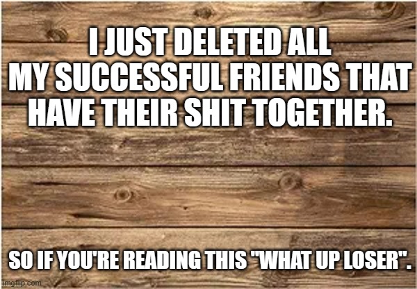 meme by Brad I deleted all my successful friends | I JUST DELETED ALL MY SUCCESSFUL FRIENDS THAT HAVE THEIR SHIT TOGETHER. SO IF YOU'RE READING THIS "WHAT UP LOSER". | image tagged in humor,funny meme,deleted,facebook | made w/ Imgflip meme maker