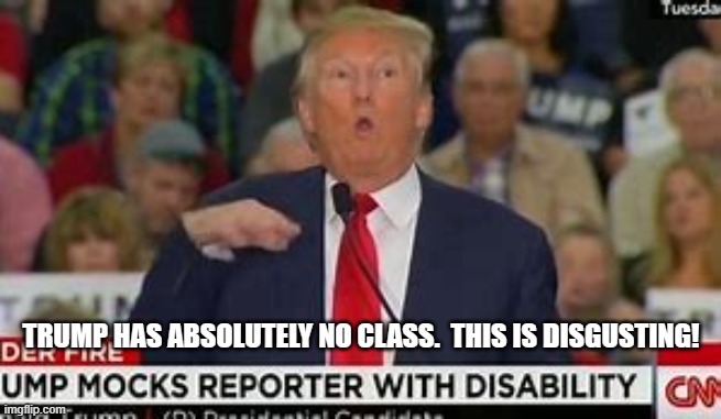 Trump Mocking | TRUMP HAS ABSOLUTELY NO CLASS.  THIS IS DISGUSTING! | image tagged in trump mocking | made w/ Imgflip meme maker