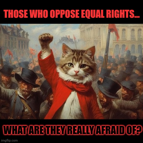 This #lolcat wonders why only terrified people oppose equal rights | THOSE WHO OPPOSE EQUAL RIGHTS... WHAT ARE THEY REALLY AFRAID OF? | image tagged in equality,equal rights,gender equality,lolcat,think about it | made w/ Imgflip meme maker