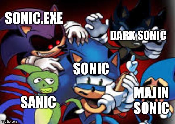 scared sonic | DARK SONIC; SONIC.EXE; SONIC; MAJIN SONIC; SANIC | image tagged in scared sonic | made w/ Imgflip meme maker