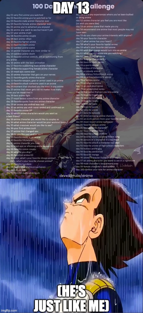 Day 13: Vegeta | DAY 13; (HE'S JUST LIKE ME) | image tagged in 100 day anime challenge | made w/ Imgflip meme maker