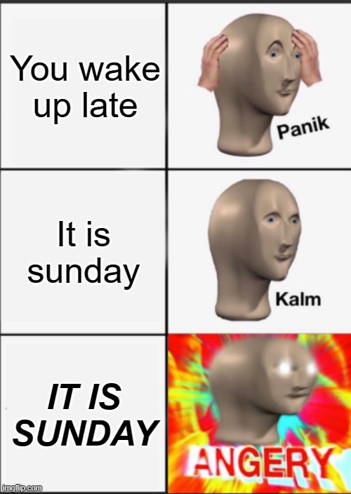 I ONLY HAVE ONE DAY LEFT | You wake up late; It is sunday; IT IS SUNDAY | image tagged in panik kalm angery | made w/ Imgflip meme maker