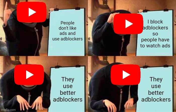 Gru's Plan Meme | People don't like ads and use adblockers; I block adblockers so people have to watch ads; They use better adblockers; They use better adblockers | image tagged in memes,funny,gru's plan,youtube,youtube ads | made w/ Imgflip meme maker