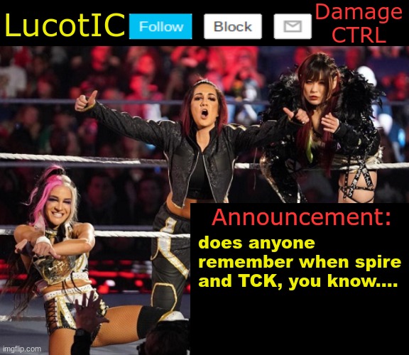 . | does anyone remember when spire and TCK, you know.... | image tagged in lucotic's damage ctrl announcement temp | made w/ Imgflip meme maker