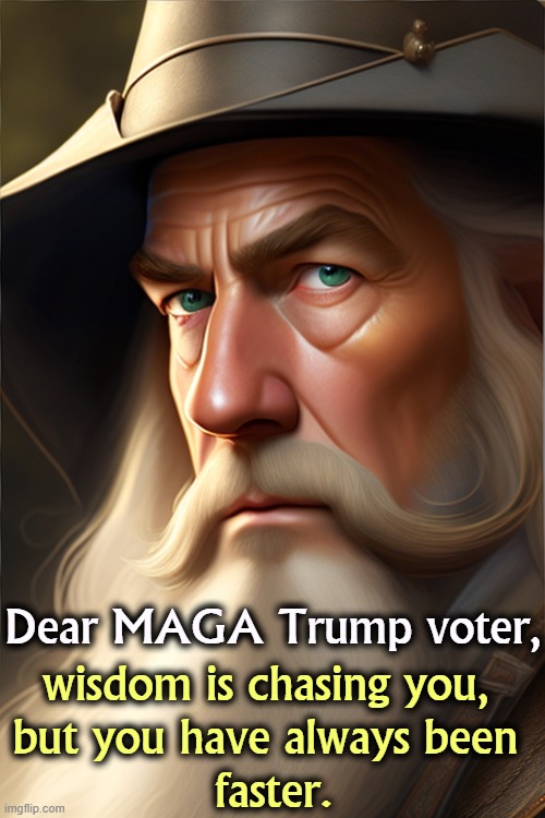 Dear MAGA Trump voter, wisdom is chasing you, 
but you have always been 
faster. | image tagged in maga,trump,wisdom,chase,losing | made w/ Imgflip meme maker