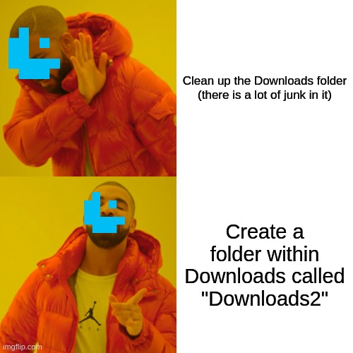 Laziness at his finest. | Clean up the Downloads folder
(there is a lot of junk in it); Create a folder within Downloads called "Downloads2" | image tagged in memes,drake hotline bling | made w/ Imgflip meme maker