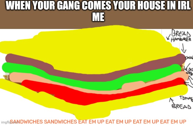 Loco House's Sandwich | WHEN YOUR GANG COMES YOUR HOUSE IN IRL
ME; SANDWICHES SANDWICHES EAT EM UP EAT EM UP EAT EM UP EAT EM UP | image tagged in lasagna,sandwiches sandwiches eat em up eat em up eat em up eat em up,loco house | made w/ Imgflip meme maker