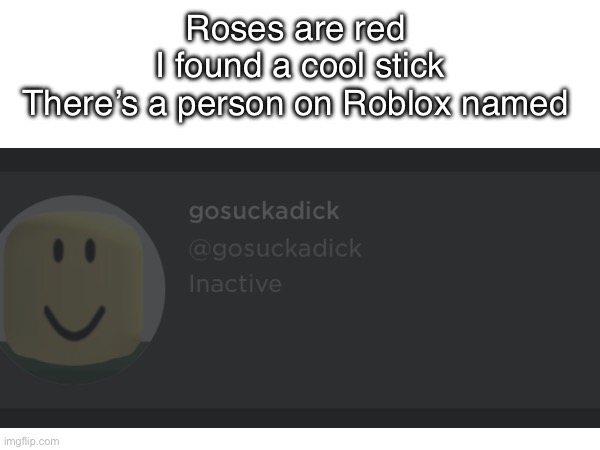 Funny nwme | Roses are red 
I found a cool stick
There’s a person on Roblox named | image tagged in memes | made w/ Imgflip meme maker