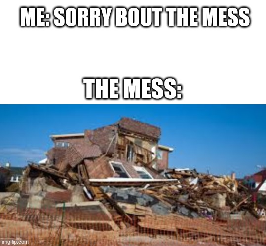 messy room ya got | ME: SORRY BOUT THE MESS; THE MESS: | image tagged in blank white template,false | made w/ Imgflip meme maker