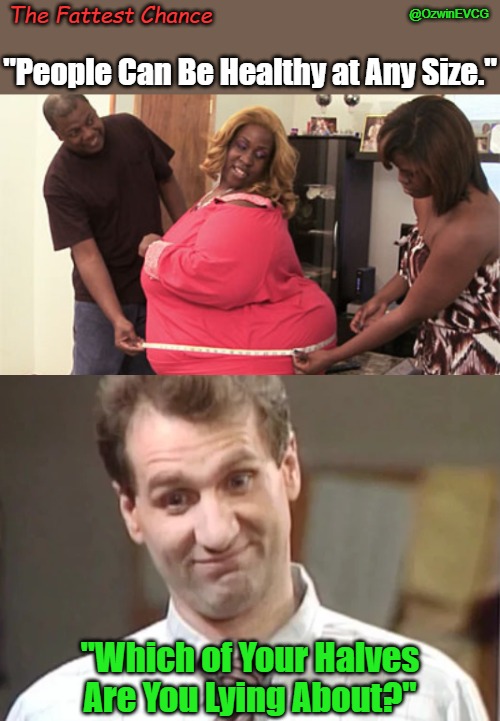 The Fattest Chance | The Fattest Chance; @OzwinEVCG; "People Can Be Healthy at Any Size."; "Which of Your Halves Are You Lying About?" | image tagged in sociopolitical commentary,fat,obese,unhealthy,al bundy,clownworld 2020s | made w/ Imgflip meme maker